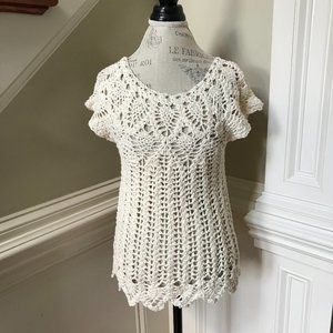 Calypso St Barth Knit Crochet Top Shirt Womens Small Cream Short Sleeve Cotton